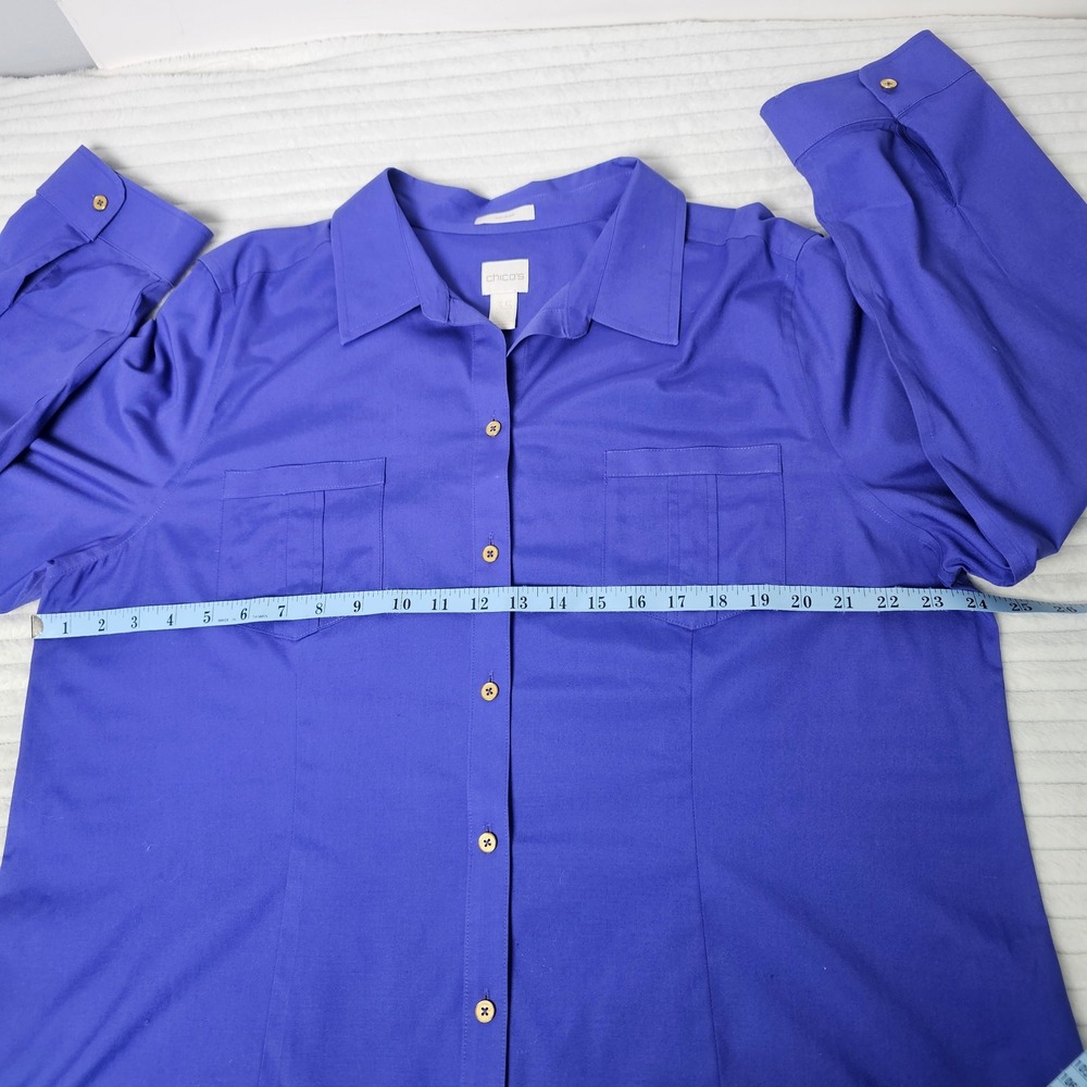 Chico's No-Iron Stretch Shirt Women 3.5 Royal Blue Roll Tab Button Down Cotton - Picture 2 of 14